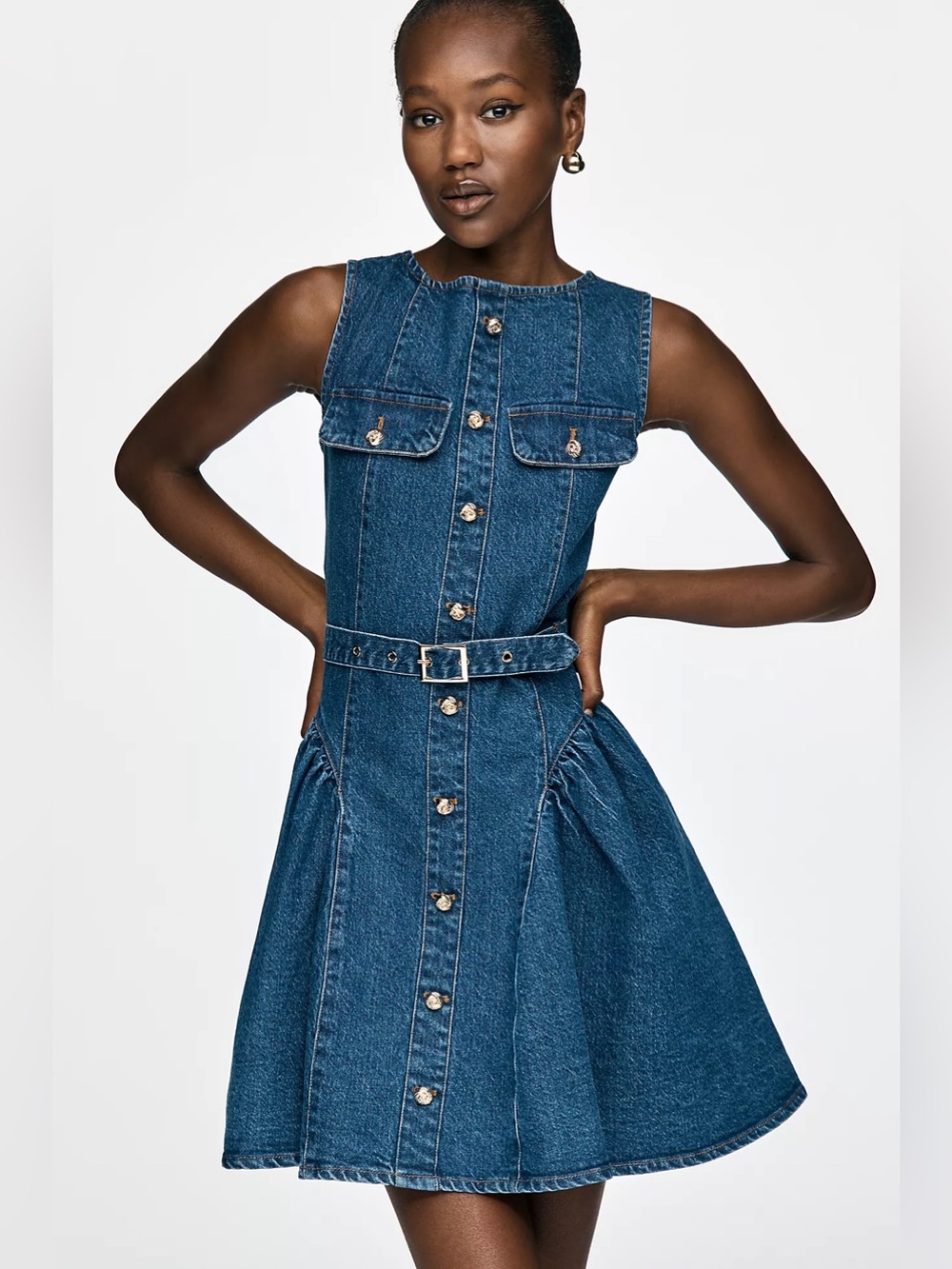 Avec Les Filles Dark Blue Denim Belted Sleeveless Mini Dress